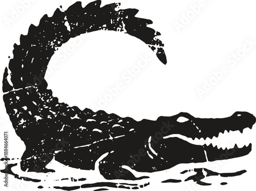 Alligator silhouette curling tail open mouth black illustration on white background