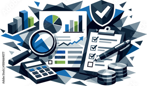 Modern Financial Audit. Low-poly vector illustration focused on a modern financial audit system, angular polygonal design with