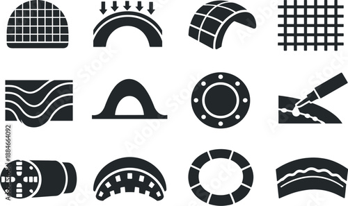 Tunnel Engineering Icons. Solid vector icons of tunnel engineering: cross-section grid, load-distribution arc, structural rib tile