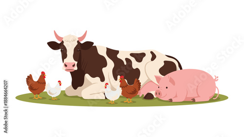 Serene farm scene showcasing a cow, a pig, and several chickens peacefully lying and sitting on lush green grass, creating a tranquil agricultural image.