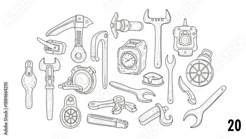 Collection of Vintage Tools, Hand-Drawn Illustration