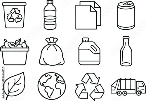 Eco Recycling Icons. Line style of Eco recycling vector icons: recycle bin, bottle, paper, can; compost, trash bag, plastic, glass
