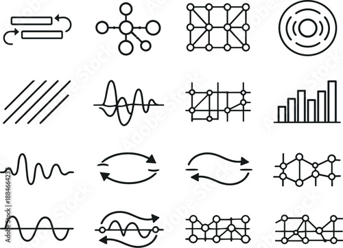 Image Generation. Line style vector icons of coding programming error and debugging symbols: sync bar, sync node, timing mesh,