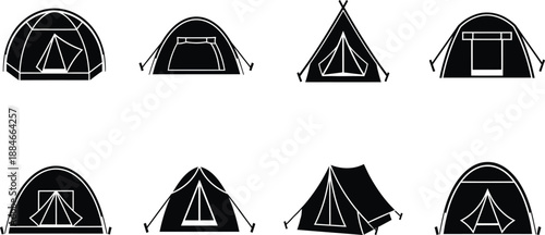 Collection of various tent designs and styles in black and white
