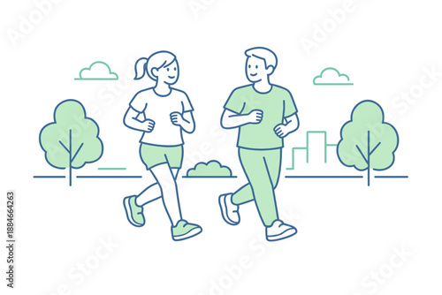 Park Jogging Duo. Two friends jog at an easy pace in a city park, maintaining relaxed posture and rhythm, minimalist flat line
