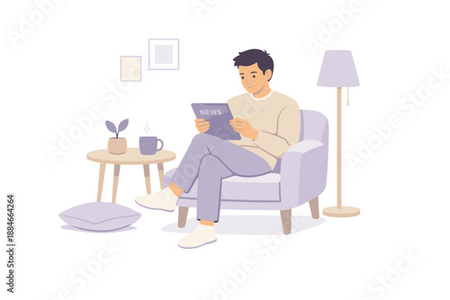 Scandinavian Reading Serenity. A man sitting calmly while reading news on his tablet, flat modern illustration of a single figure