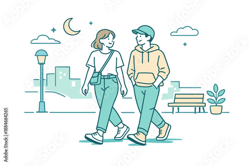 Dusk City Stroll. Two friends walking together at dusk in the city, subtle motion in their steps and relaxed body language, modern