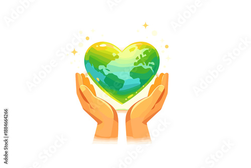 Glowing Heart of Change. Hands lifting a glowing heart-planet icon, soft bokeh sparkles and clean wide negative space suggesting