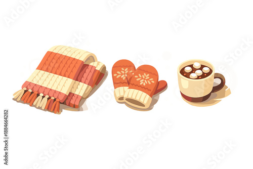 Cozy Winter Essentials. Knitted scarf and mittens flatlay beside a hot cocoa mug, subtle bokeh sparkles and gentle glow rings