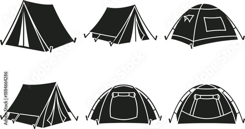 Collection of six different black tent illustrations in various orientations