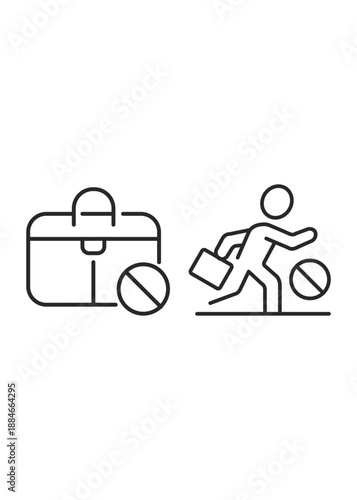 Minimalist line icons showing a prohibited briefcase and a person departing to illustrate the state of unemployment.