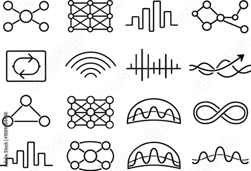 Image Generation. Line style vector icons of cryptocurrency blockchain mining and validation: signal node, modulation mesh, wave