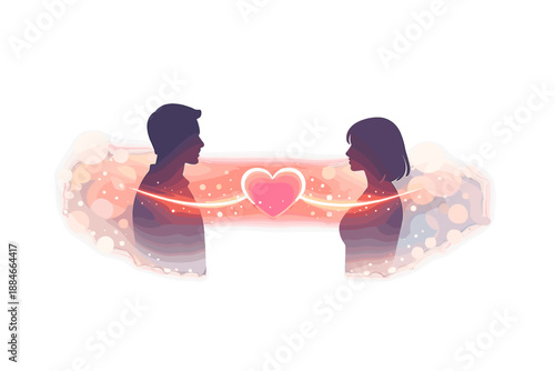 Heartfelt Connection Bridge. Couple silhouettes standing face to face with a glowing heart bridge line between them, soft bokeh