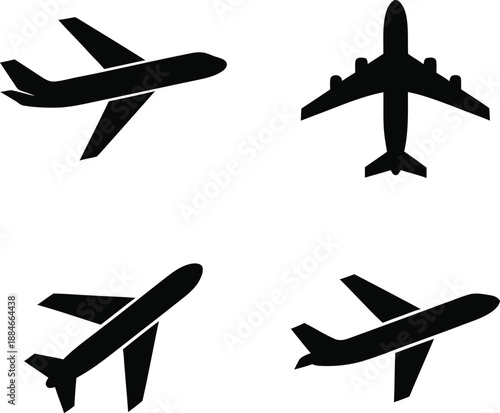 Four black airplane silhouettes in different flight positions on white background