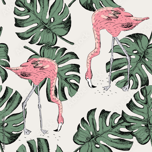 Tropical pink flamingo, green monstera leaves, white background. Vector seamless pattern. Floral illustration. Exotic plants, birds. Summer beach design. Paradise nature