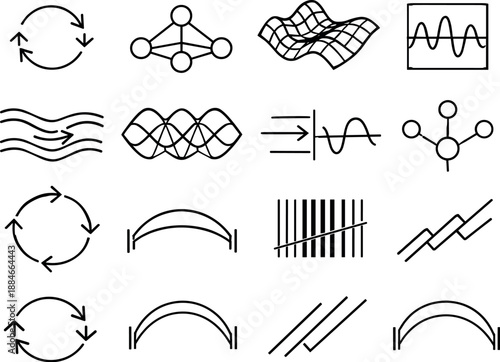 Image Generation. Line style vector icons of multisensory integration: feedback line, variation node, amplitude mesh, signal tile,