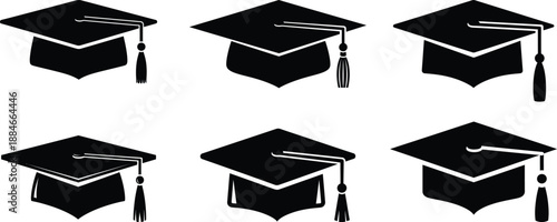 Six black graduation caps with tassels on a white background