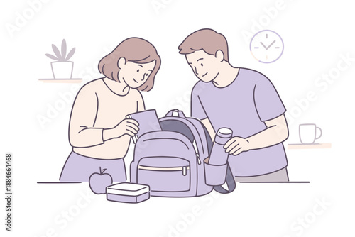 Packing School Backpack. A couple packing a school backpack together as part of a routine morning task, flat modern illustration