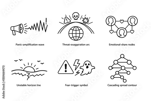 Anxiety Vector Icons. Line style vector icons of anxiety-driven information spread: panic-amplification wave, threat-exaggeration