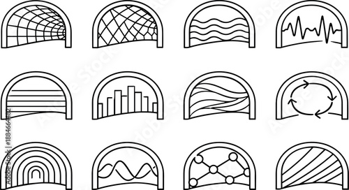 Image Generation. Line style vector icons of metro tunnels: rhythm tile, sync mesh, wave contour, pulse contour, rhythm line,
