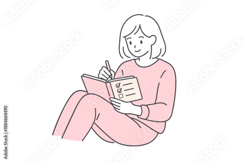 Minimalist Planning Moment. Woman sits comfortably checking tasks in a daily planner quietly Minimalist flat line vector