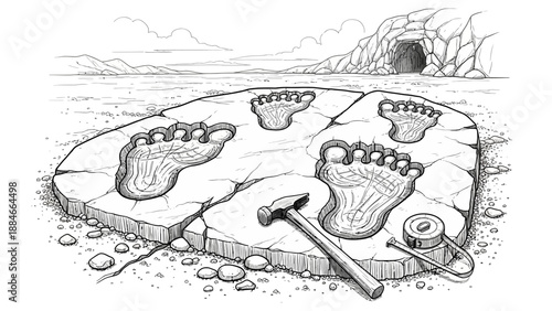 Ancient Footprints Carved in Stone, Cave Entrance and Lake Background