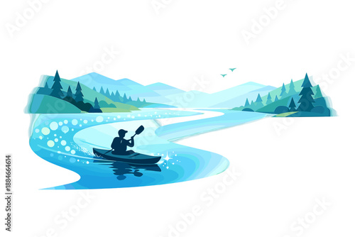 Minimalist Kayaking Adventure. Kayaking on a minimalist river curve with a small boat silhouette, sparkle-like water bokeh and