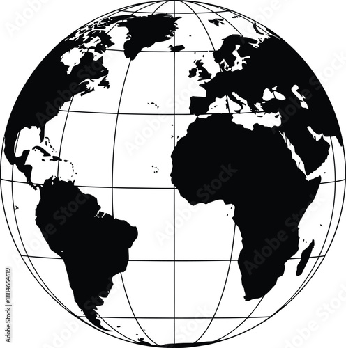 A black and white illustration of the earth with grid lines