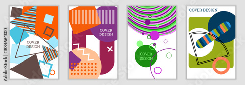 A bright, unusual Memphis-style background. A set of 4 geometric cover designs. Vibrant covers, banners, posters, and booklets. Vector eps