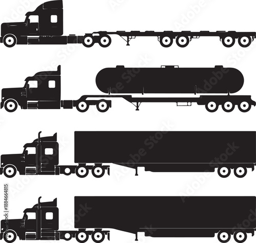 black semi truck silhouettes with different trailer types