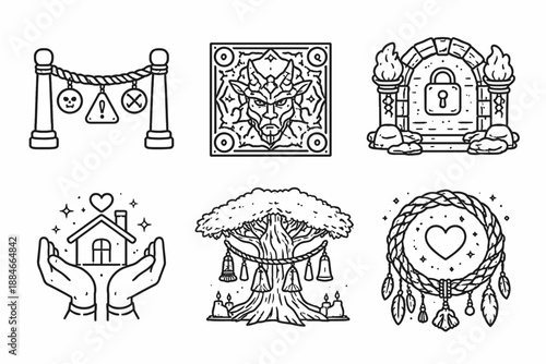 Line Style Custom Icons. Line style icons of protective customs: taboo boundary line, guardian symbol tile, access restriction arc