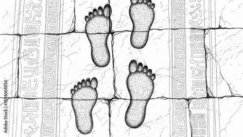 Footprints on Ancient Hieroglyphic Stone Path