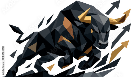 Bullish Market Bull. Low-poly vector illustration focused on a bullish stock market bull, polygonal geometric style with sharp