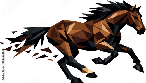Dynamic Galloping Horse. Low-poly vector illustration focused on a horse galloping at full speed, polygonal geometric style with