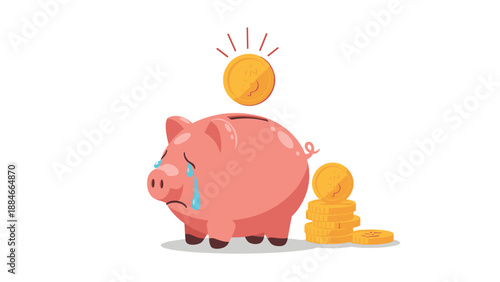 Distressed piggy bank shedding tears as coins are deposited, with a stack of coins nearby, symbolizing financial loss and economic hardship.