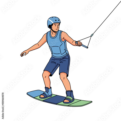 Young man wakeboarding, holding rope, active lifestyle, water sports, summer fun