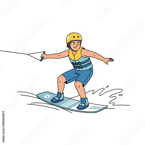 Young person wakeboarding, wearing helmet and life vest, enjoying water sports