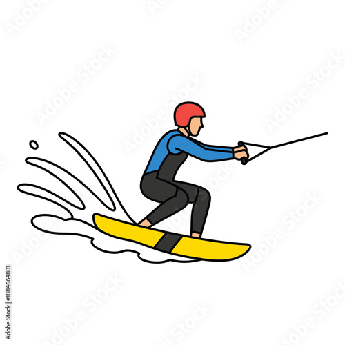 Wakesurfer in wetsuit on yellow board with water splash, vector illustration