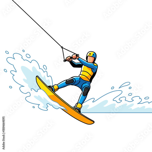 Wakeboarding man on yellow board, action sport, water splash, summer fun, vector illustration