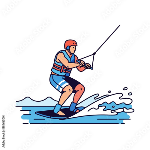 Wakeboarder riding on water waves, summer water sports, active lifestyle, vector illustration