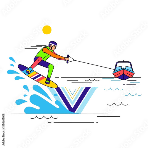 Wakeboarder Jumping Over Water Ramp Pulled By Boat, Extreme Water Sports