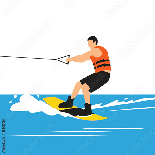Man wakeboarding on blue water, extreme water sport, summer fun, vector illustration