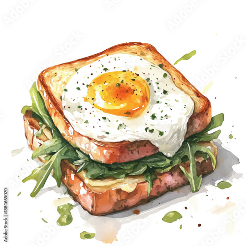 Croque Madame, semi-realistic fantasy watercolor illustration, magical accents, isolated on white background