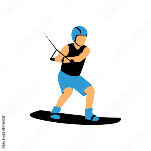 Wakeboarder Riding Water Sport with Blue Helmet and Shorts, Action Illustration