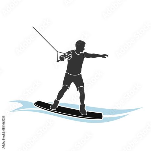 Wakeboarder Silhouette Riding Water Waves, Summer Sport