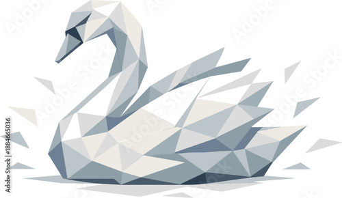 Geometric Swan Elegance. Low-poly vector illustration focused on a stylized geometric swan in a minimalist interpretation, angular