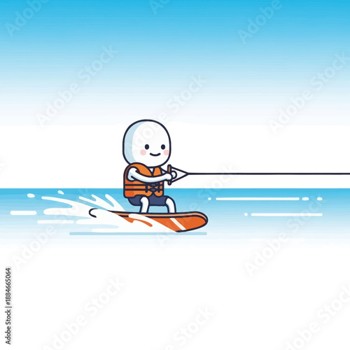 Cute Cartoon Character Water Skiing on Orange Board, Summer Fun and Water Sports