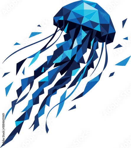 Geometric Floating Jellyfish. Low-poly vector illustration focused on a floating jellyfish in motion, polygonal geometric style