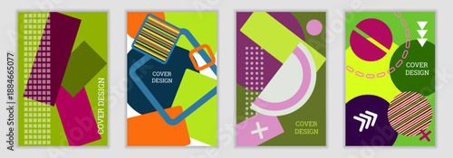A bright, unusual Memphis-style background.  Vibrant covers, banners, posters, and booklets.