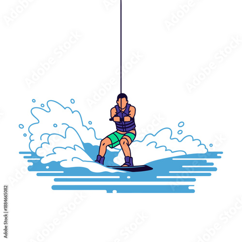 Man wakeboarding on water with splash, extreme water sport, active lifestyle